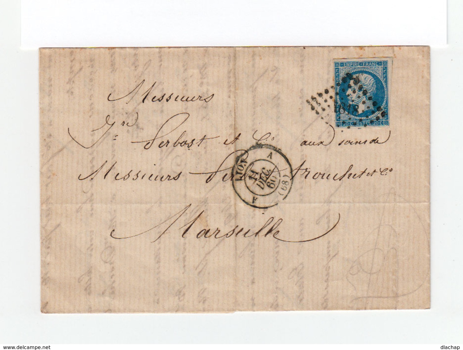 Sur Lettre AC  Type Empire Franc 20 C. Oblitéré Losange Petis Chiffr. CAD Lyon 1860Cachet Lyon Marseille. (1104x) - 1849-1876: Période Classique