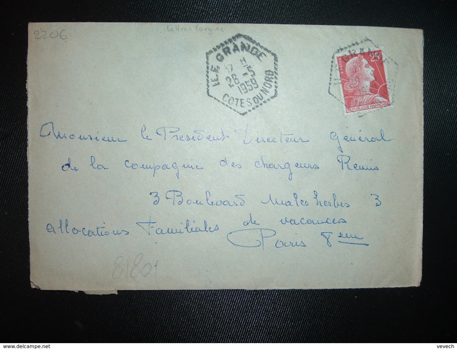 LETTRE TP M. DE MULLER 25F OBL. HEXAGONALE Tiretée 28-5 1959 ILE GRANDE COTES DU NORD (22) - Cachets Manuels