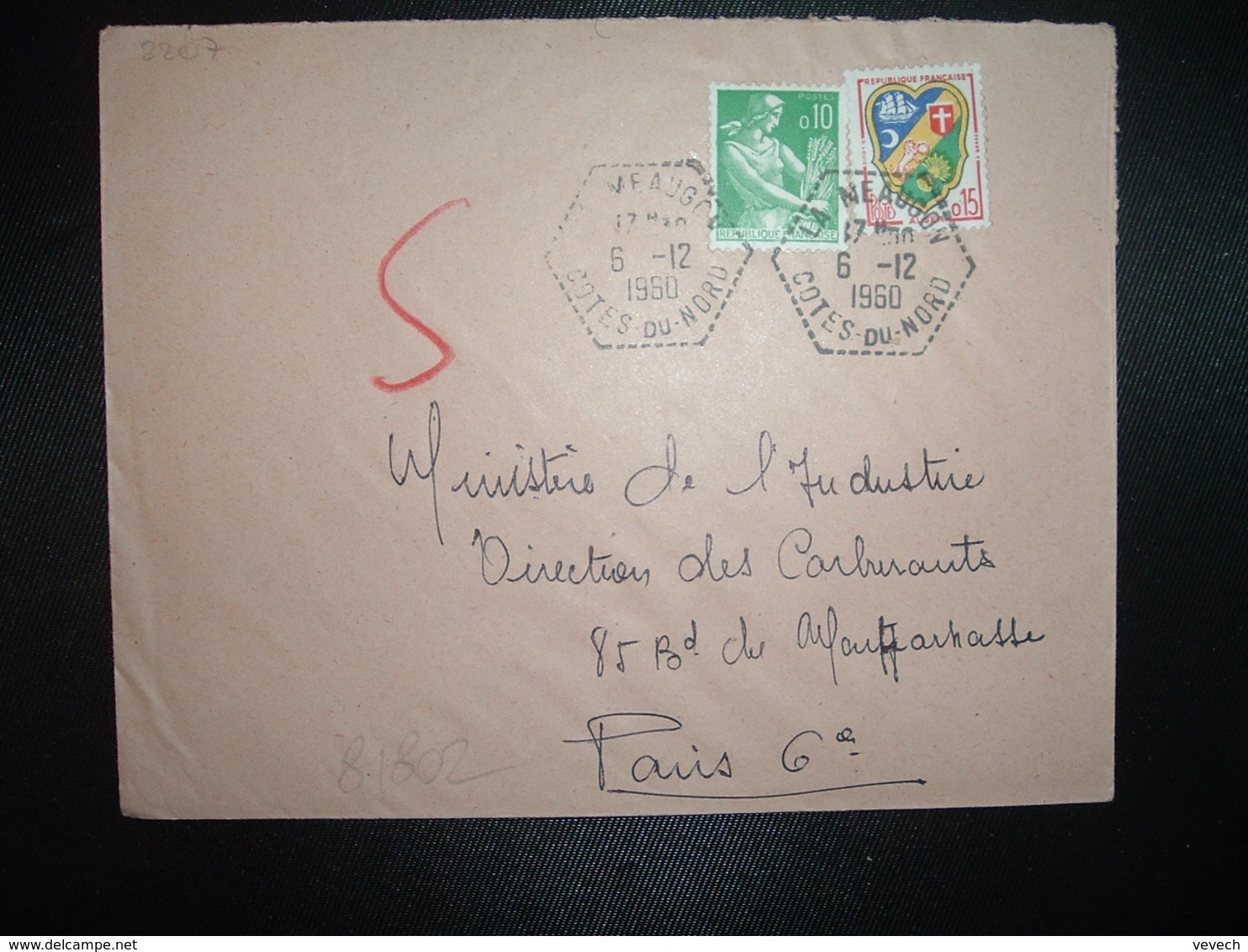 LETTRE TP ALGER 0,15 + PAYSANNE 0,10 OBL. HEXAGONALE Tiretée 6-12 1960 LA NEAUGON COTES-DU-NORD (22) - Cachets Manuels