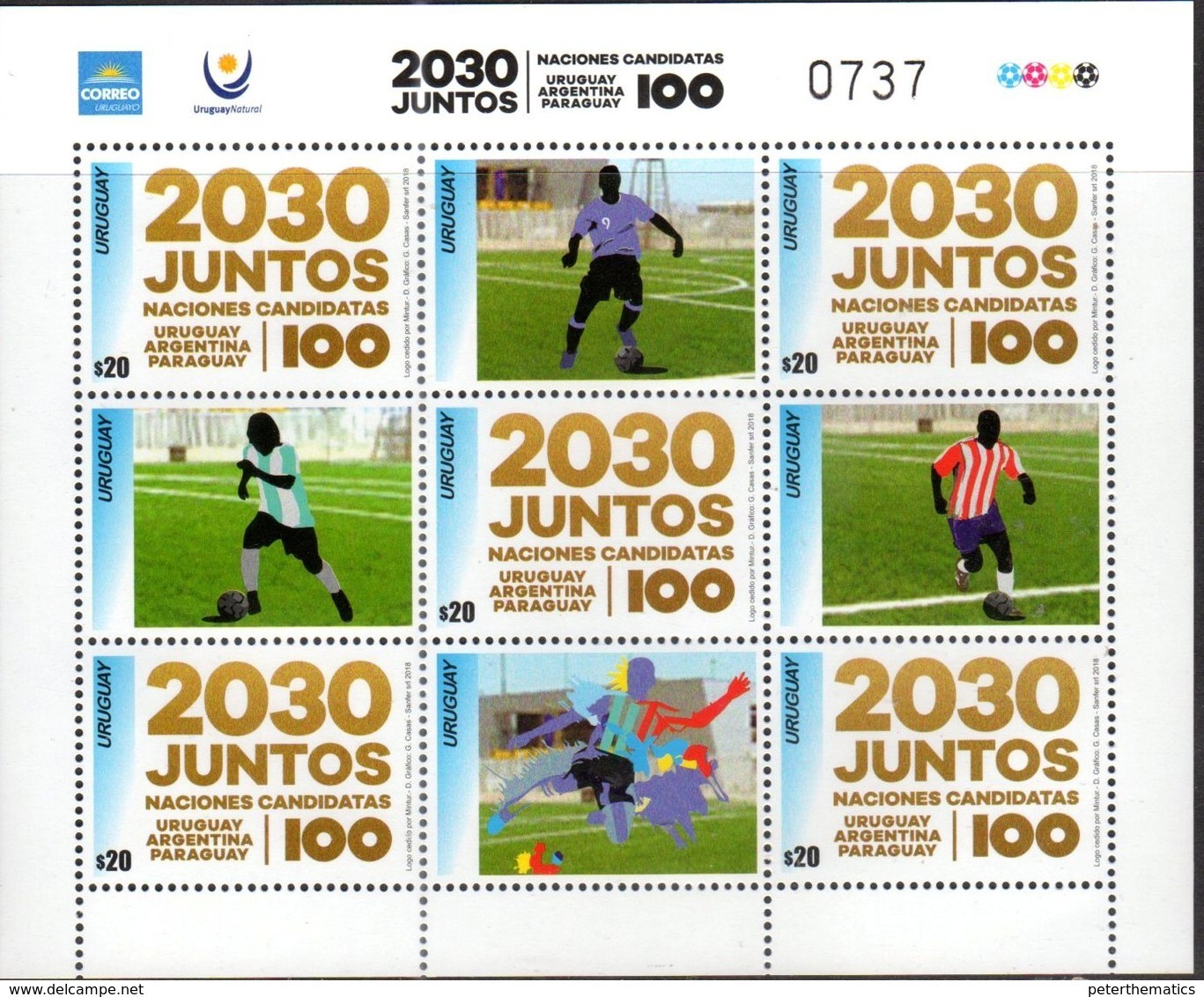 URUGUAY, 2018, MNH,FOOTBALL, SOCCER, WORLD CUP 2030 JOINT CANDIDATE BID URUGUAY-ARGENTINA-PARAGUAY, SHEETLET OF 5v+TABS - Other & Unclassified