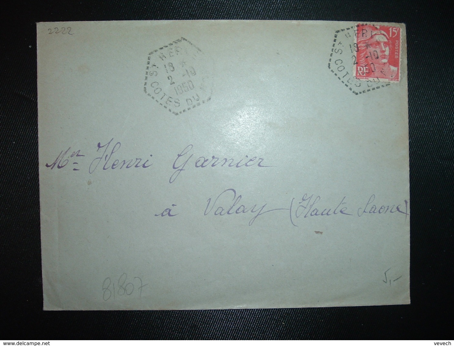 LETTRE TP M. DE GANDON 15F OBL. HEXAGONALE Tiretée 2-10 1950 ST HERVE COTES DU NORD (22) - Cachets Manuels