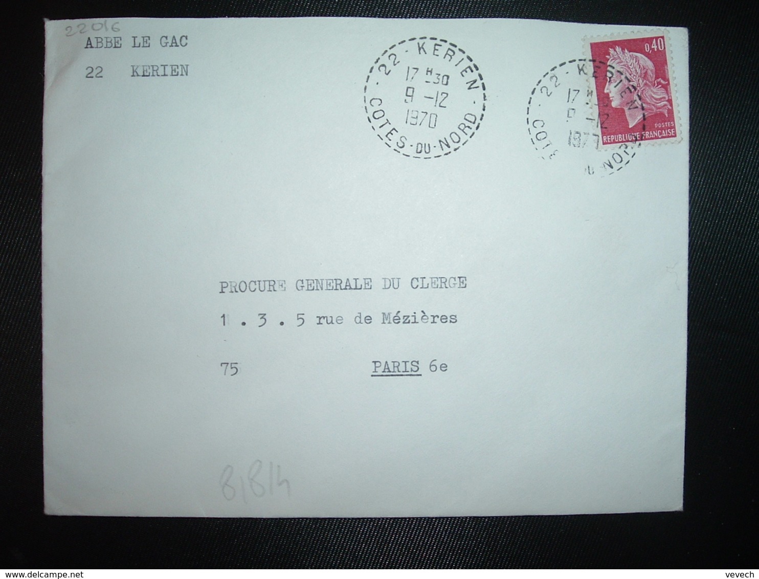 LETTRE TP M. DE CHEFFER 0,40 OBL. Tiretée 9-12 1970 22 KERIEN COTES DU NORD - Cachets Manuels