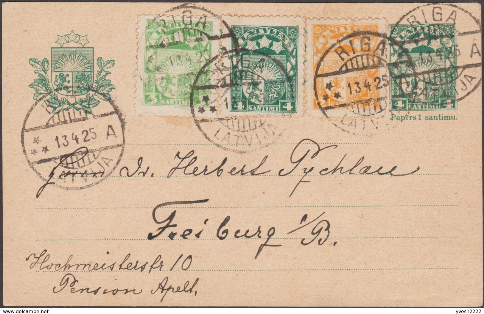 Lettonie 1925. Entier Postal Pour L'intérieur à 4 S. De 1923 Envoyé En 1925. Affranchissement Complémentaire Identique - Lettonie