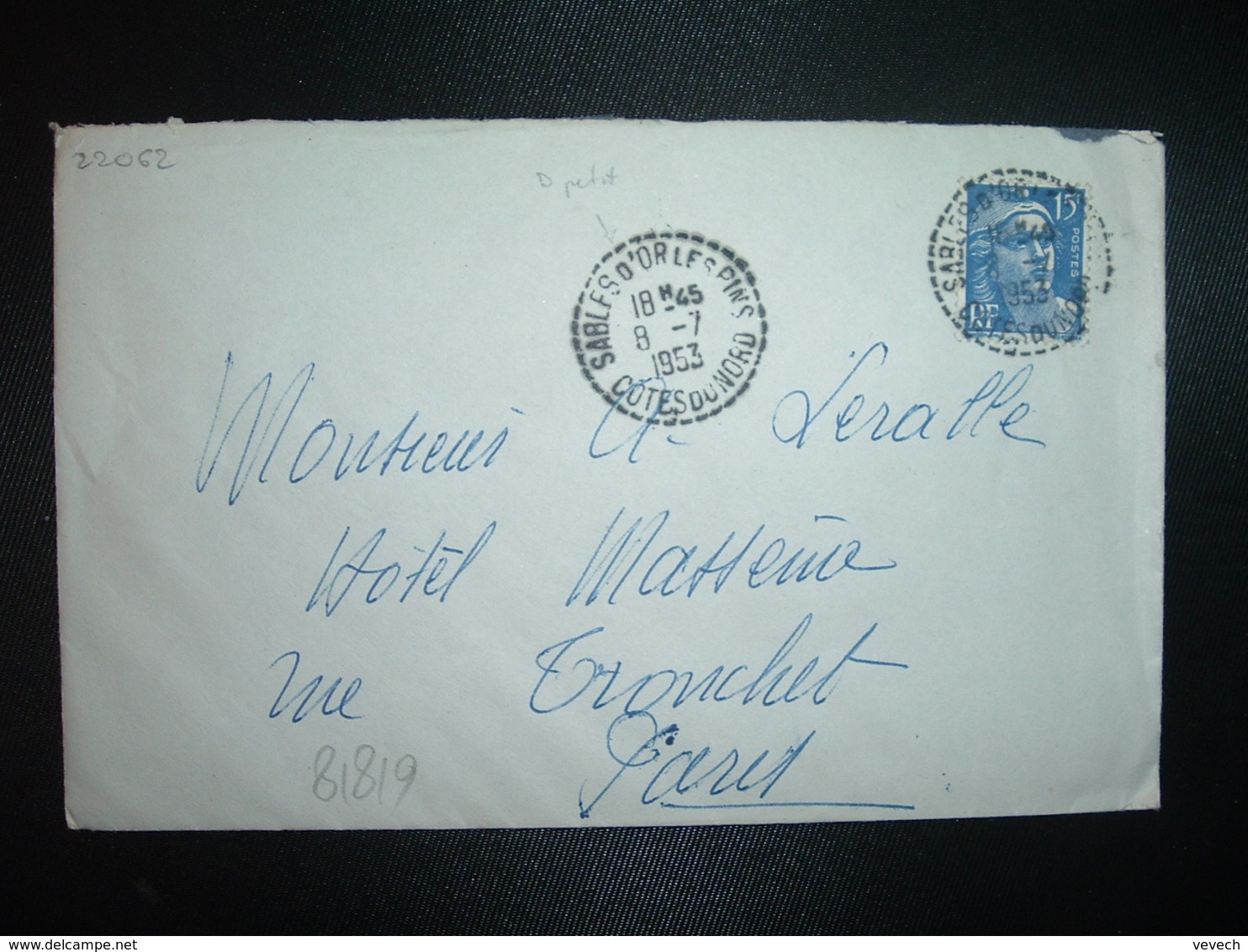 LETTRE TP M. DE GANDON 15F OBL. Tiretée 8-7 1953 SABLES D'OR LES PINS COTES DU NORD (22) - Cachets Manuels