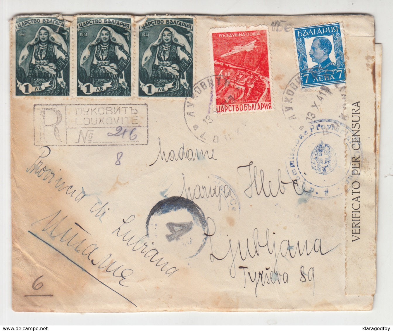 Bulgaria WWII Registered Letter Cover Travelled 1941 Loukovite To Ljubljana Via Elbasan And Brindisi CENSORED B190220 - Lettres & Documents