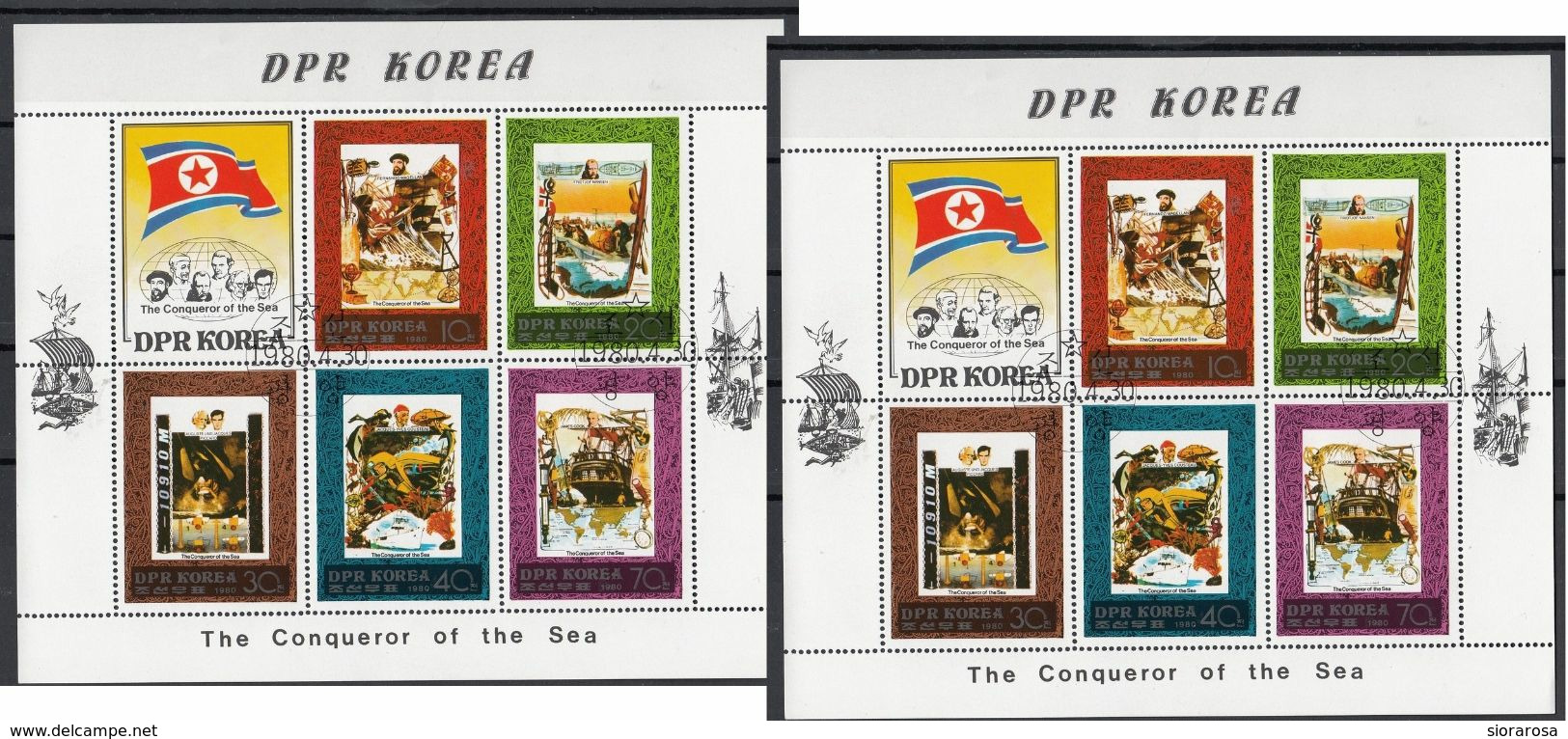 DPR KOREA 1980 Sc. 1936a Navigatori Magellano Nansen Piccard Costeau Cook 2 Sheet Perf. CTO Corea - Esploratori