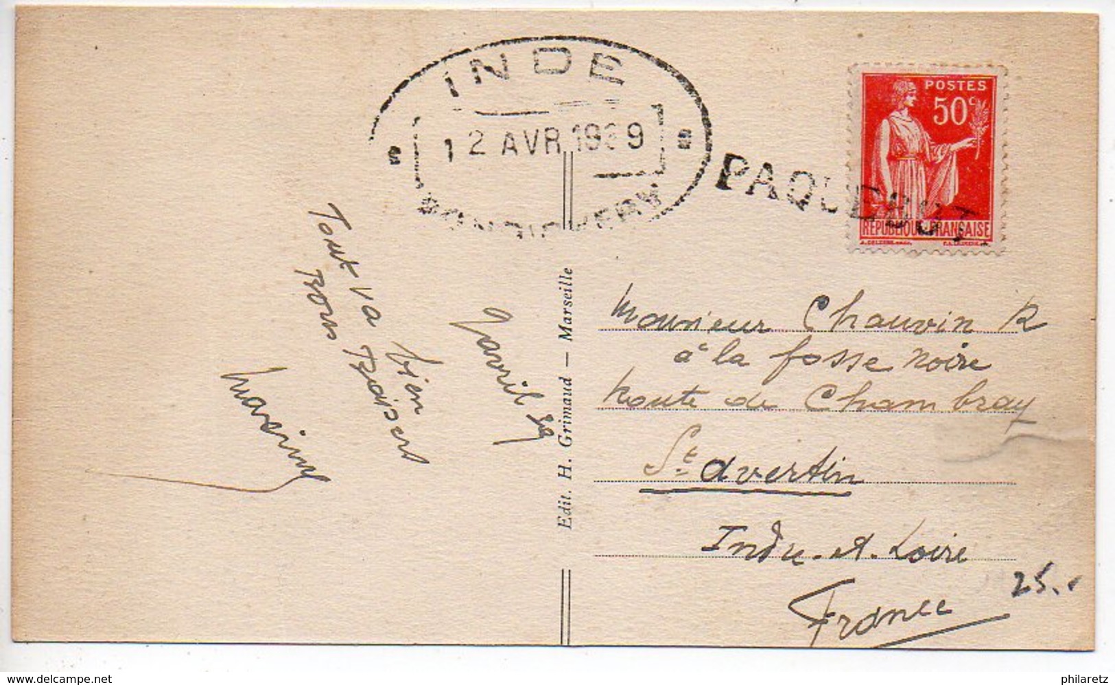 50c Paix Sur Carte (retaillée En Haut Et Bas) - Griffe PAQUEBOT Avec CaD De Pondichéry (Inde) De 1939 - Poste Maritime