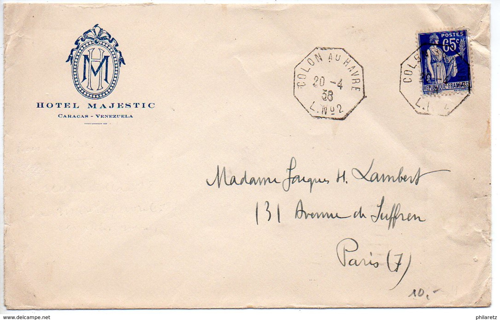 65c Paix Sur Lettre De 1938 à En-tête 'Hôtel MAJESTIC / Caracas - Vénézuéla - CaD 'COLON Au HAVRE L. N° 2' - Poste Maritime