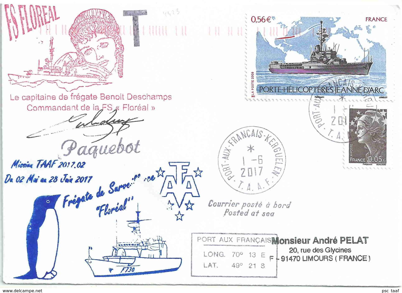 YT 4423 - Porte Hélicoptère Jeanne D'Arc - Frégate Floréal à Port Aux Français - Kerguelen - Lettres & Documents