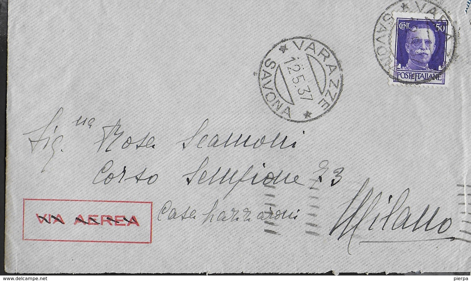 STORIA POSTALE REGNO - ANNULLO DC - VARAZZE/SAVONA 12.05.1937 SU BUSTA PER MILANO - Storia Postale