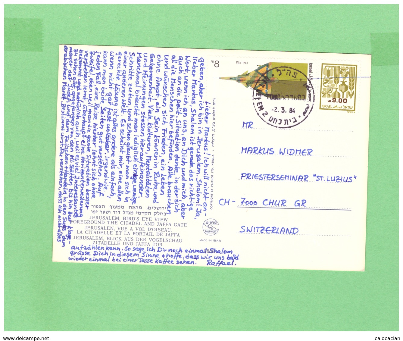 1984 ISRAEL JERUSALEM POSTCARD WITH 2 STAMPS TO SWISS - Indonesia