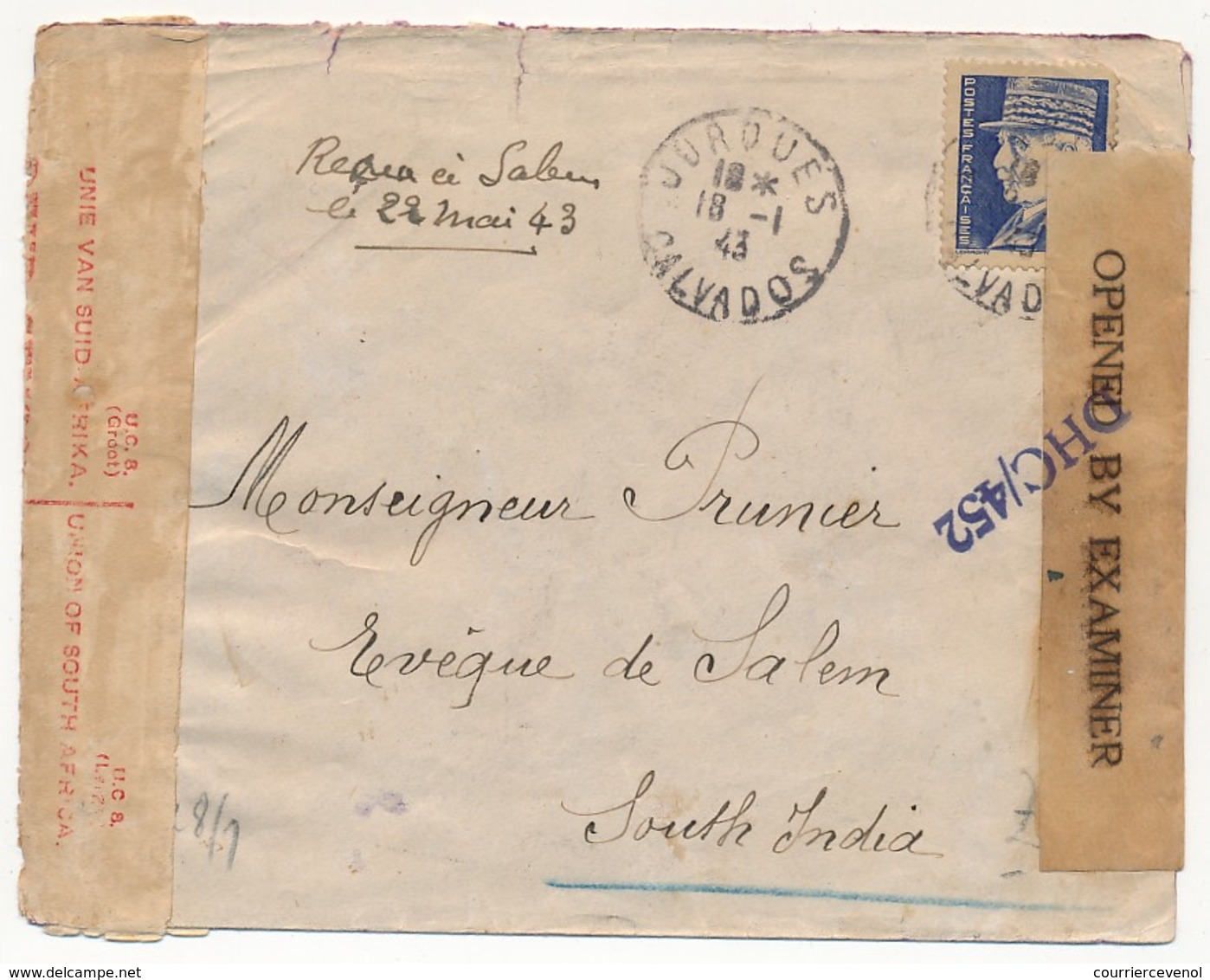 Enveloppe Depuis JURQUES (Calvados) 4F Pétain 18/1/1943 Pour SALEM (Inde Britannique) (4 Mois Et 4 Jours)  Censures - Lettres & Documents