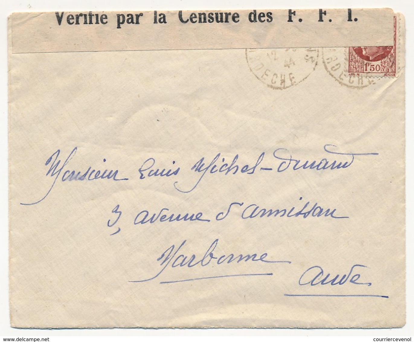 Enveloppe Depuis Ardèche 1944, Affr 1,50 Pétain, Bande De Censure "Vérifié Par La Censure Des F.F.I." - Guerre De 1939-45