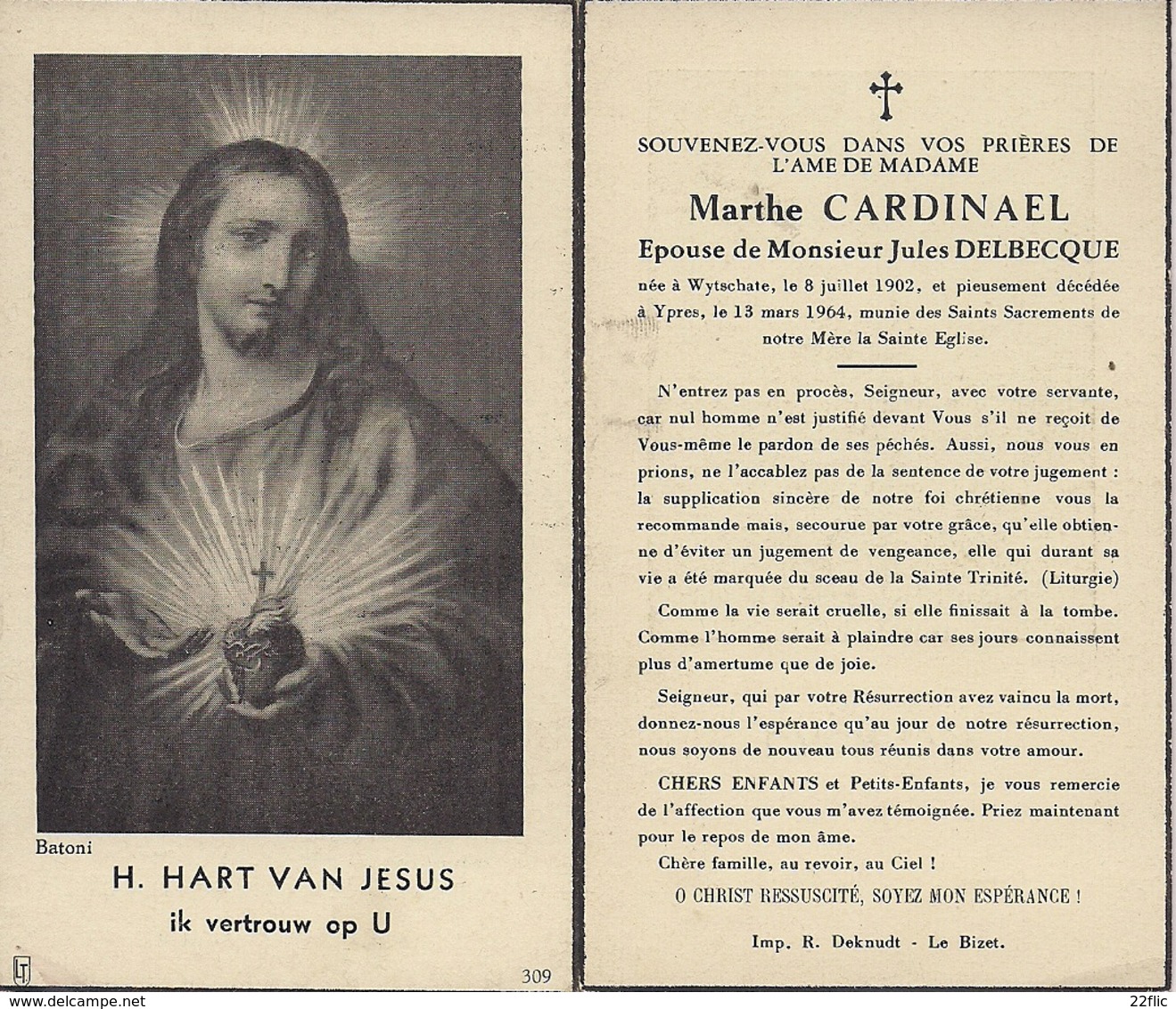 DP MARTHE CARDINAEL ° WYTSCHATE 8.7.1902 + IEPER 13.3.1964 GEHUWD JULES DELBECQUE - Images Religieuses