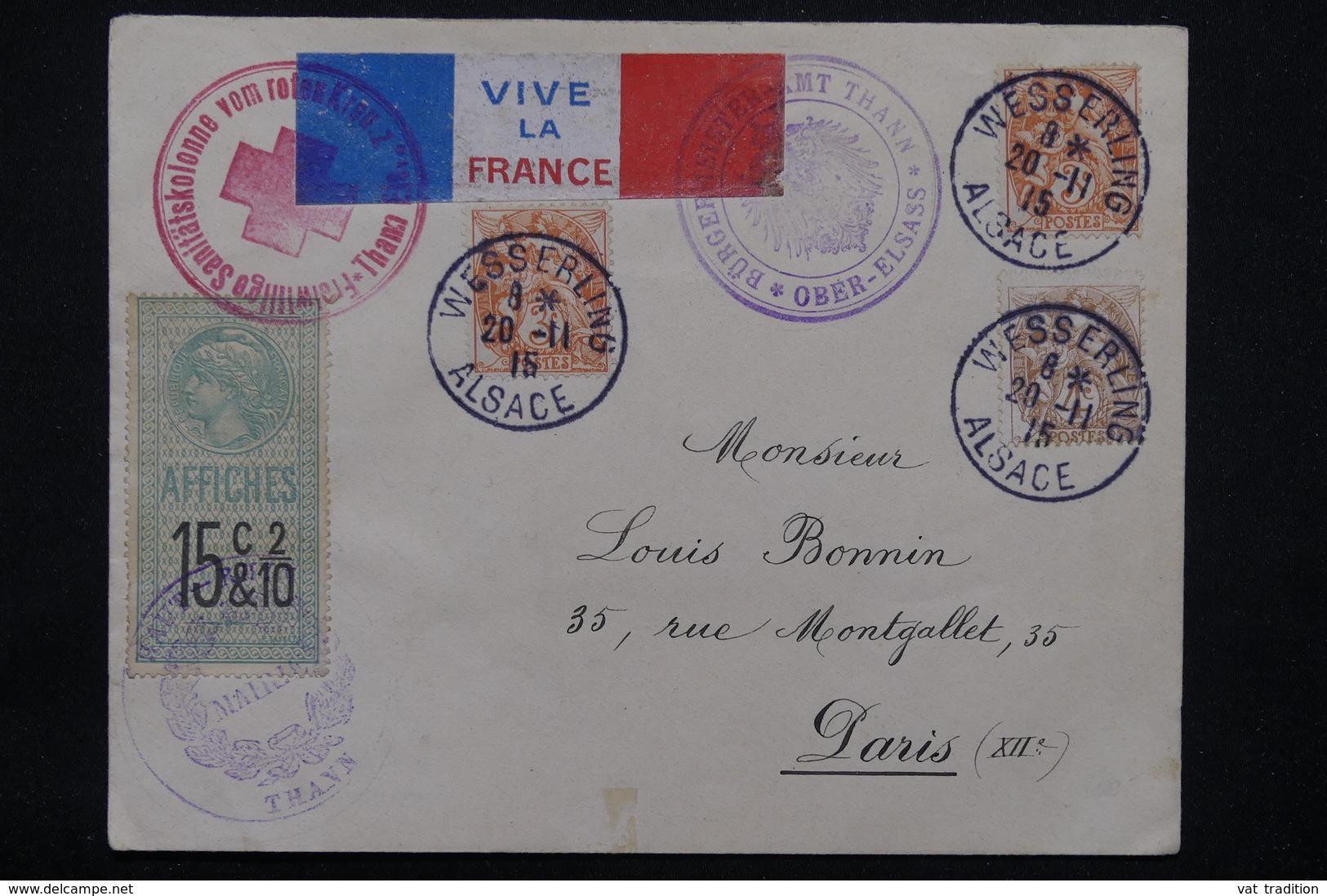 FRANCE - Enveloppe Patriotique De Wesserling En 1915 Pour La France,voir Différents Cachets , Vignette Au Dos - L 23209 - Lettres & Documents