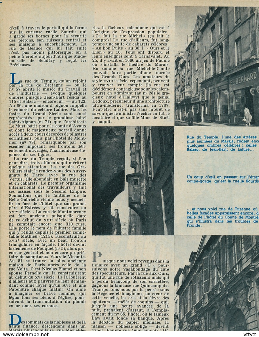 1960 : Document, PARIS, LE MARAIS, Hôtel De Fouquet, Rue Des Vertus, Rue Quincampoix, Montmorency, Place Des Vosges... - Non Classés