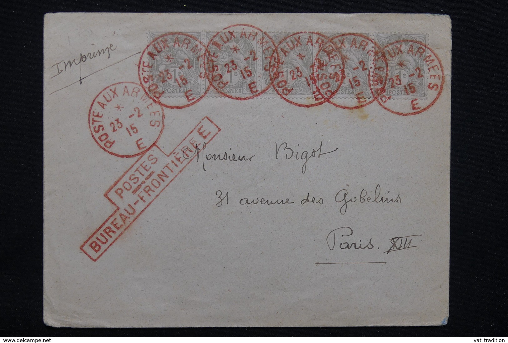 FRANCE - Affranchissement  Type Blancs Du Bureau Frontière E ( Cad Rouge ) Sur Enveloppe En 1915 Pour Paris - L 23213 - Guerre De 1914-18