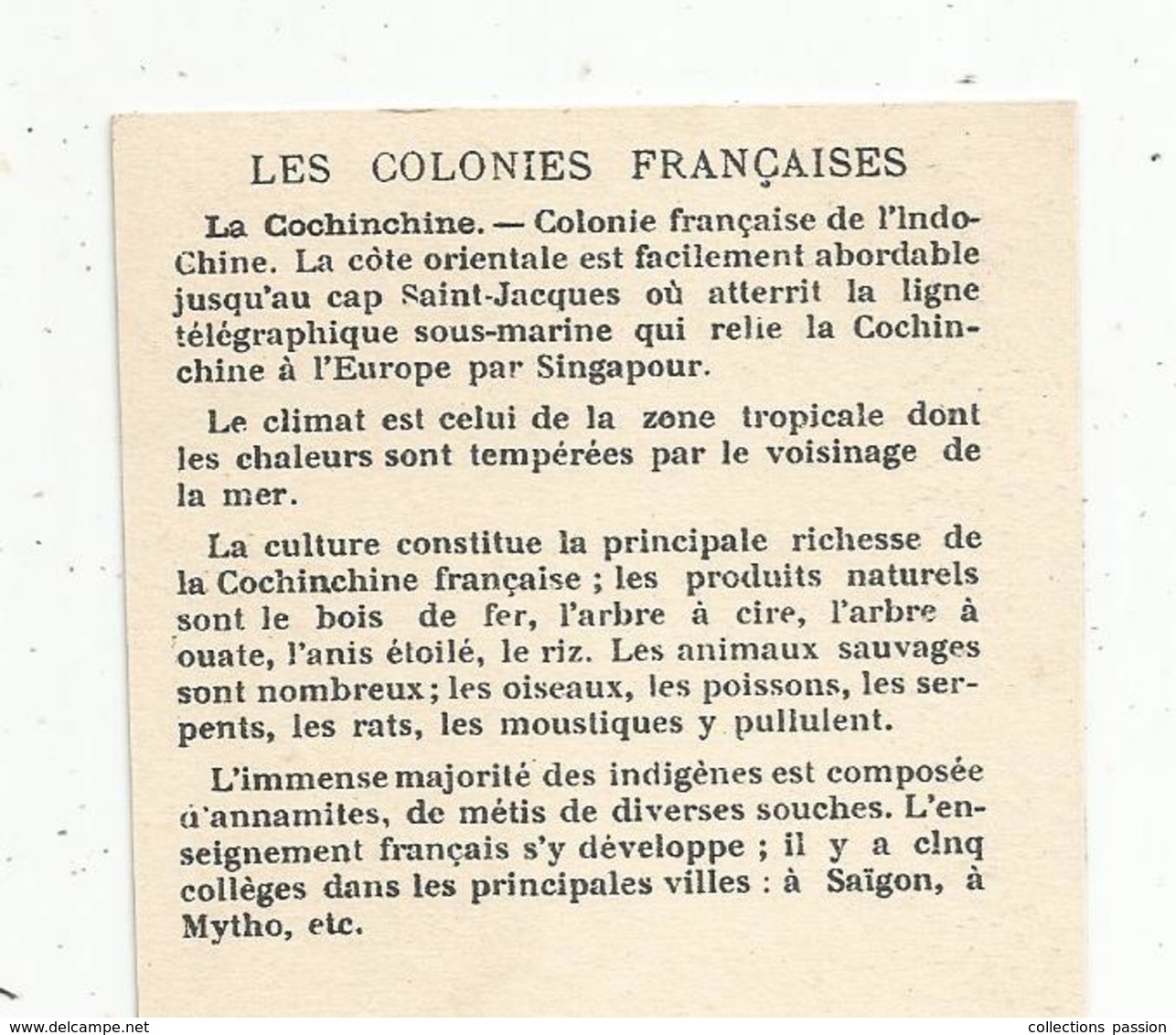 Chromo , Les Colonies Françaises , LA COCHINCHINE , 2 Scans - Sonstige & Ohne Zuordnung