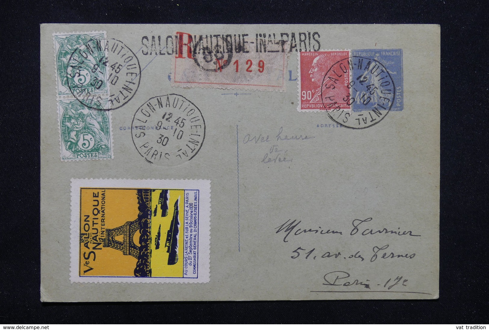 FRANCE - Obl. " Salon Nautique Paris " Sur Type Blancs / Berthelot Sur Entier Postal En Reco En 1930, Vignette - L 23216 - 1921-1960: Modern Tijdperk