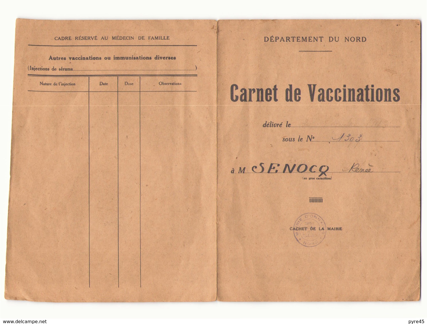 Carnet De Vaccinations Du 30 Décembre 1943 Département Du Nord - Non Classés