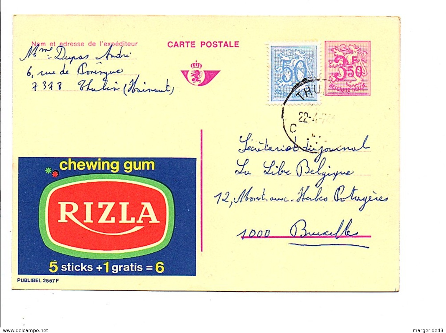 BELGIQUE PUBLIBEL CHEWING GUM RIZLA OBLITERE N°2557 F. - Publibels