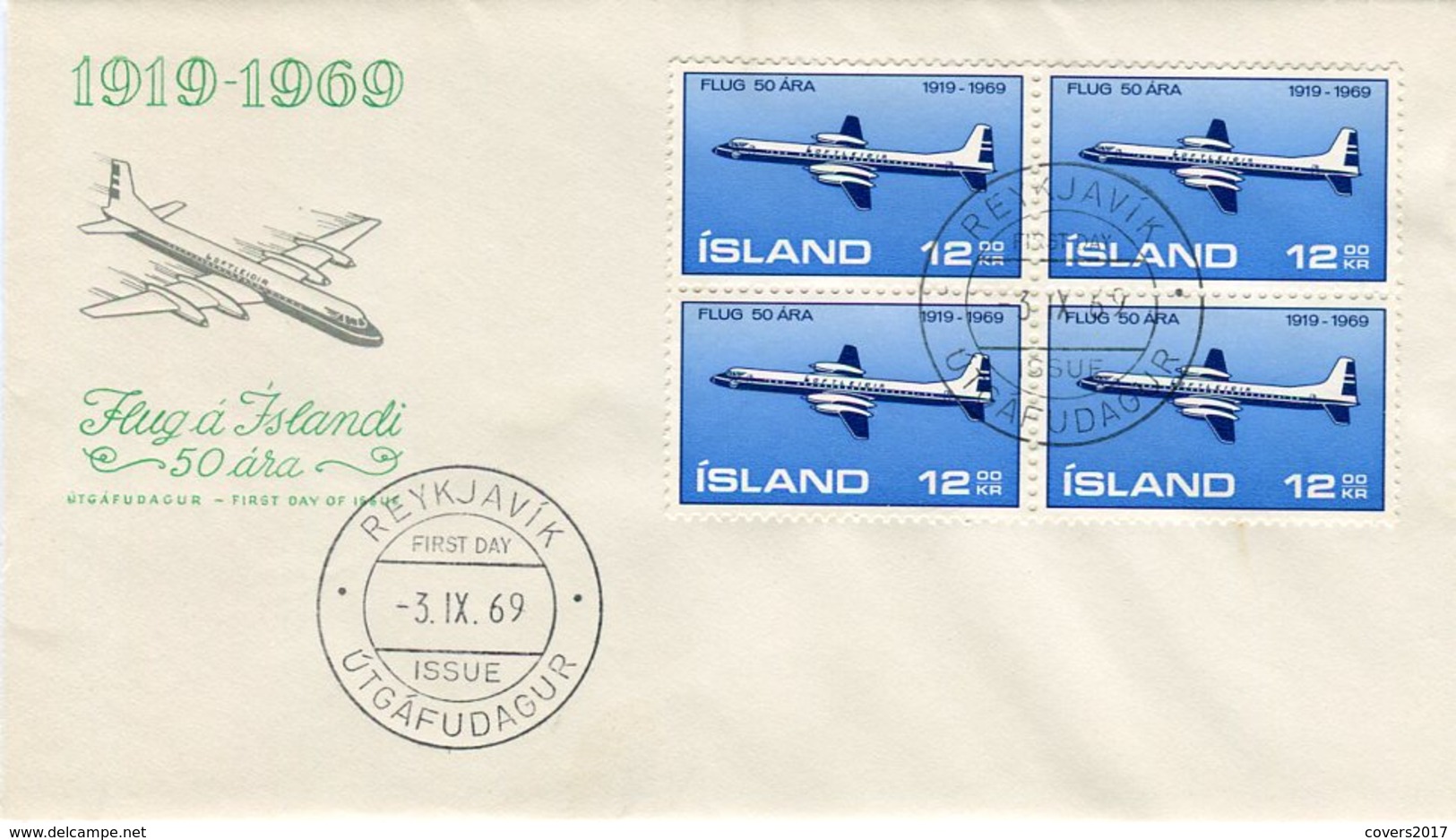 Iceland/Islande/Ijsland/Island FDC 3.IX.1969 Flight For 50 Years Block Of 4 Matching Cover - FDC