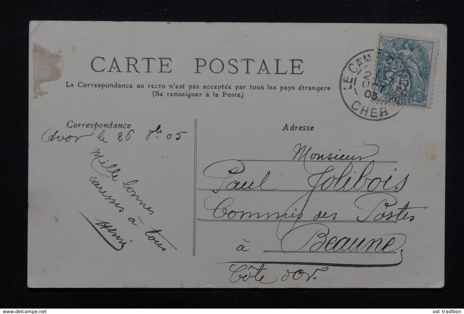FRANCE - Oblitération " Camp D 'Avor " Sur Type Blanc Sur Carte Postale En 1903 Pour Beaune - L 23225 - 1877-1920: Période Semi Moderne