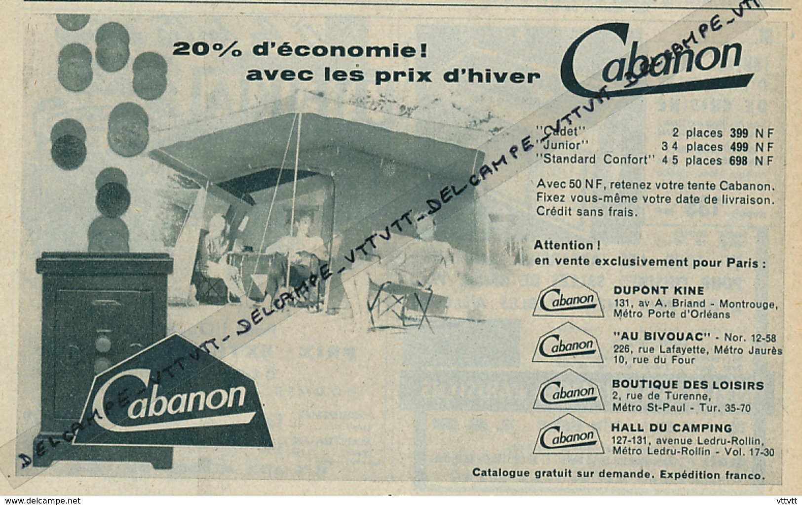 Ancienne Publicité (1960) : TENTES DE CAMPING CABANON, Cadet, Junior, Standart Confort - Publicités