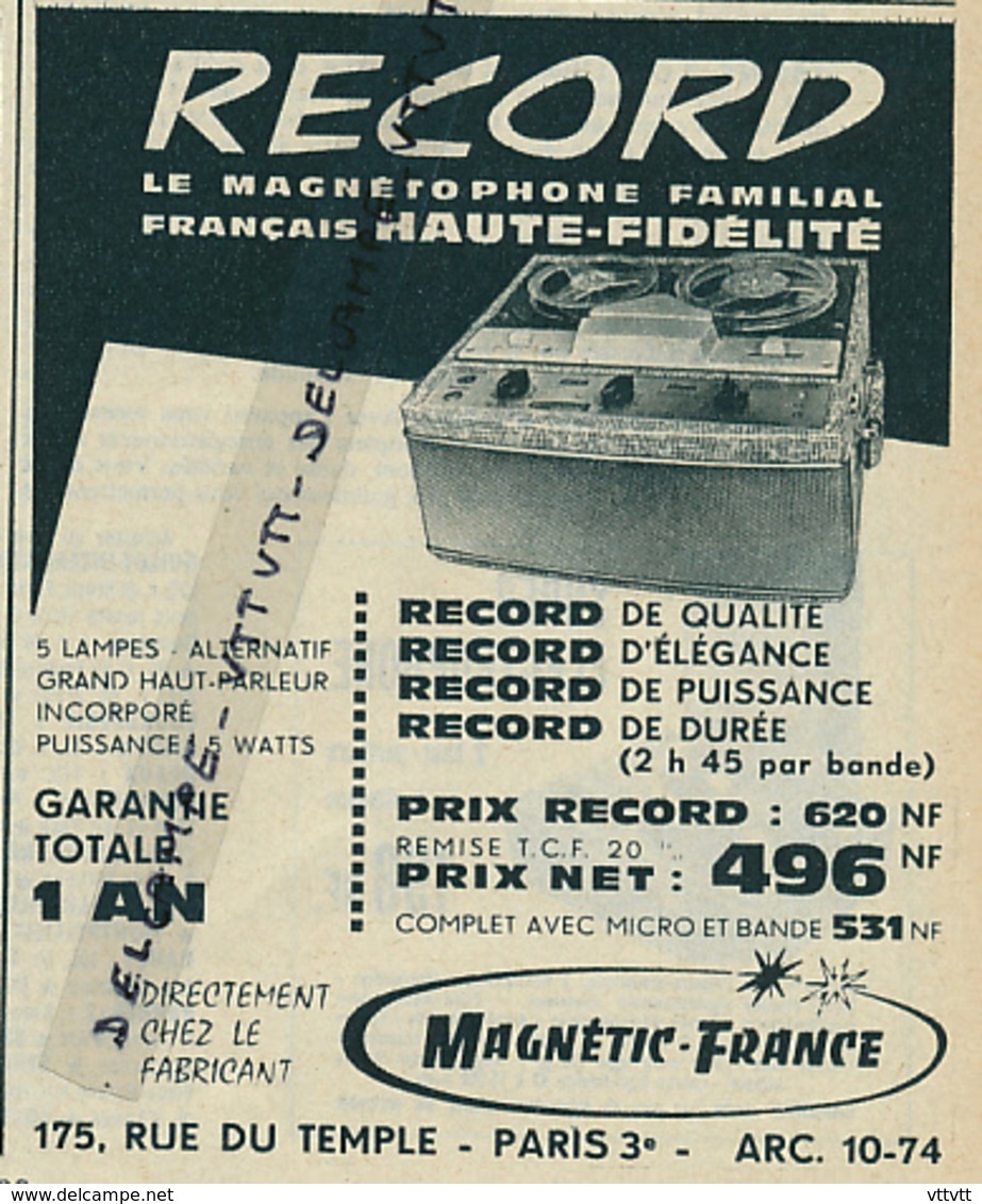 Ancienne Publicité (1960) : MAGNETOPHONE RECORD, Magnétic-France, Qualité, Elegance, Puissance, Durée - Publicités