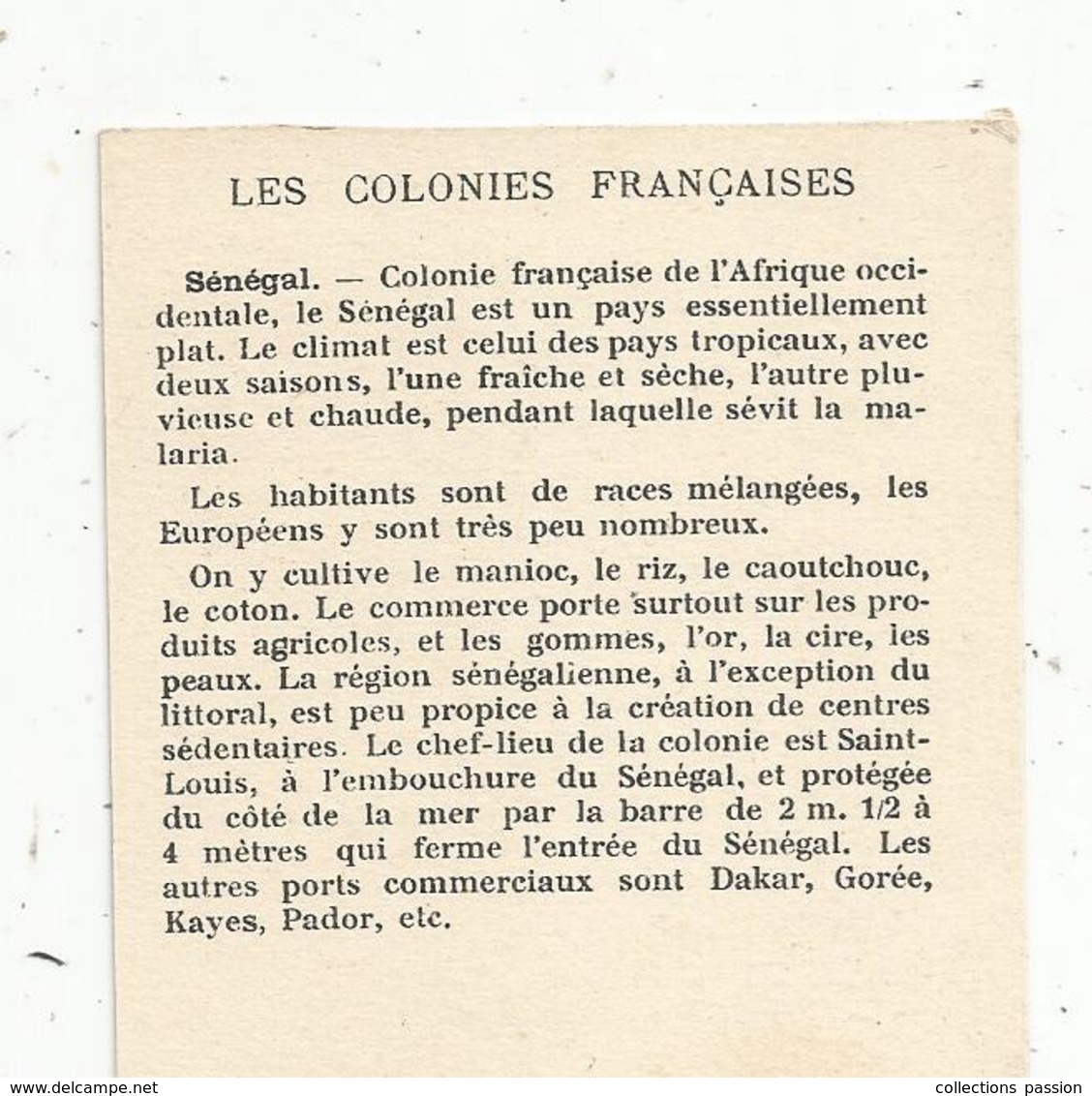 Chromo , Les Colonies Françaises , LE SENEGAL , 2 Scans - Autres & Non Classés