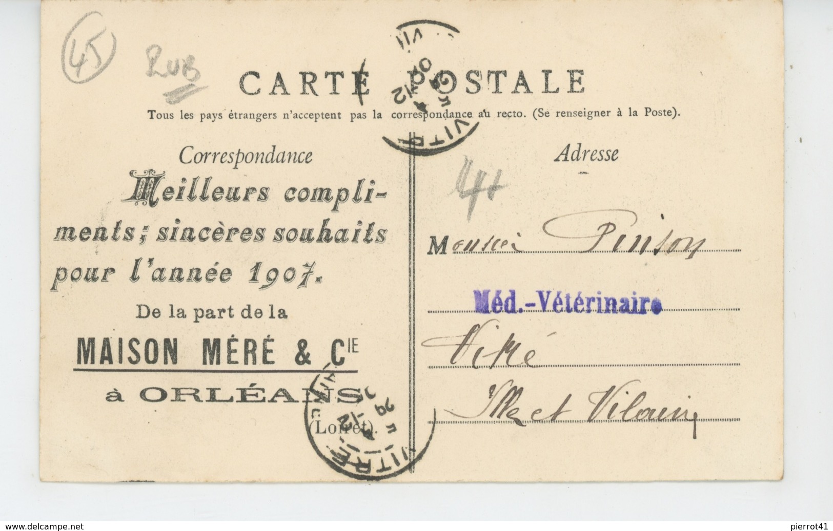 ORLEANS - Hôtel HARDOUINEAU - Carte PUB De Bonne Année 1907 De La MAISON MÉRÉ & Cie à ORLEANS - Orleans