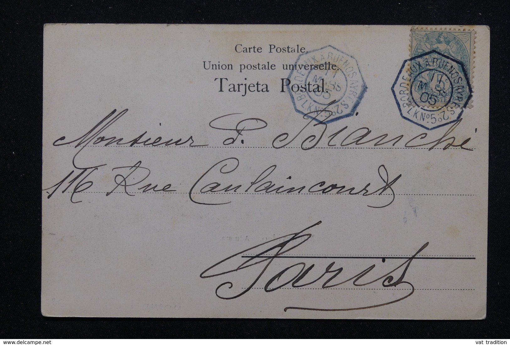 FRANCE - Oblitération " Bordeaux à Buenos Aires 2° LK N°5  " En Bleu Sur Type Blanc Sur Carte Postale En 1905 - L 23231 - Poste Maritime