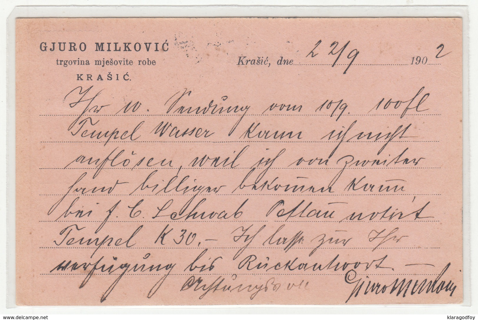 Gjuro Milković Trgovina Mješovite Robe Krašić Company Postcard Travelled 1902 To Rohitsch-Sauerbrunn B190220 - Croatia