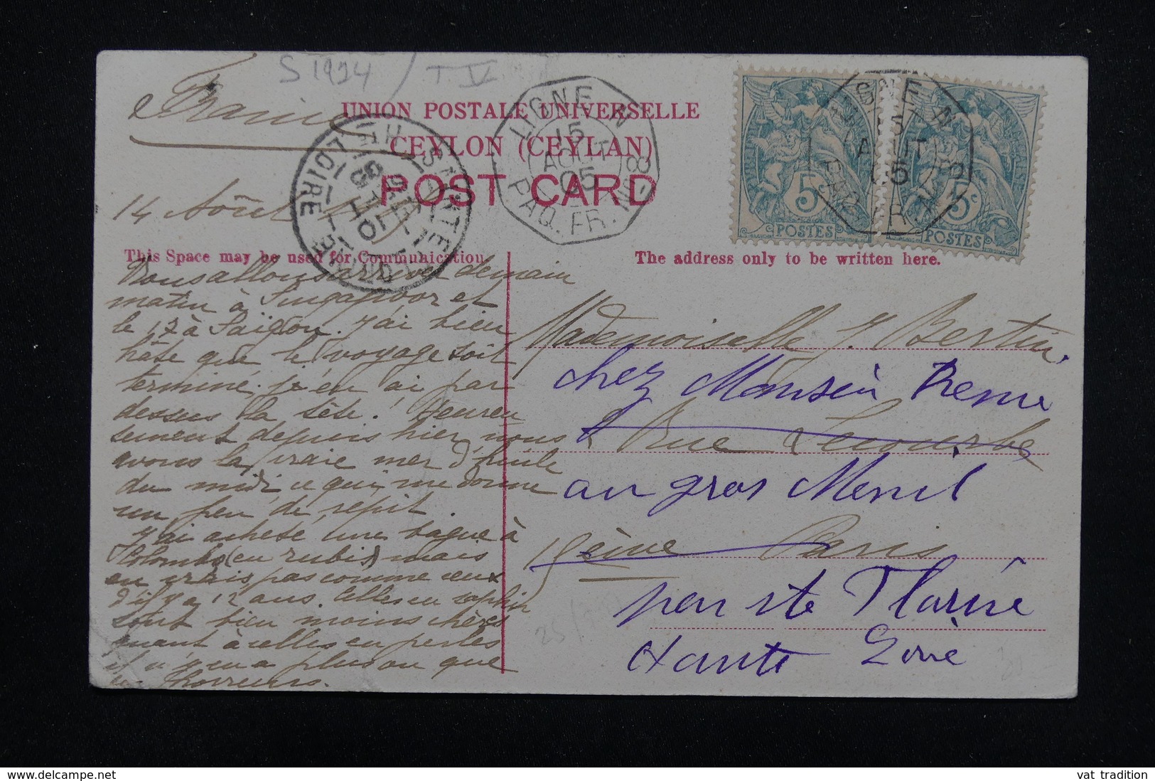 FRANCE - Oblitération " Ligne N Paq. FR.N°8 " Sur Type Blancs Sur Carte Postale De Colombo ( Ceylan) En 1905 - L 23232 - Poste Maritime