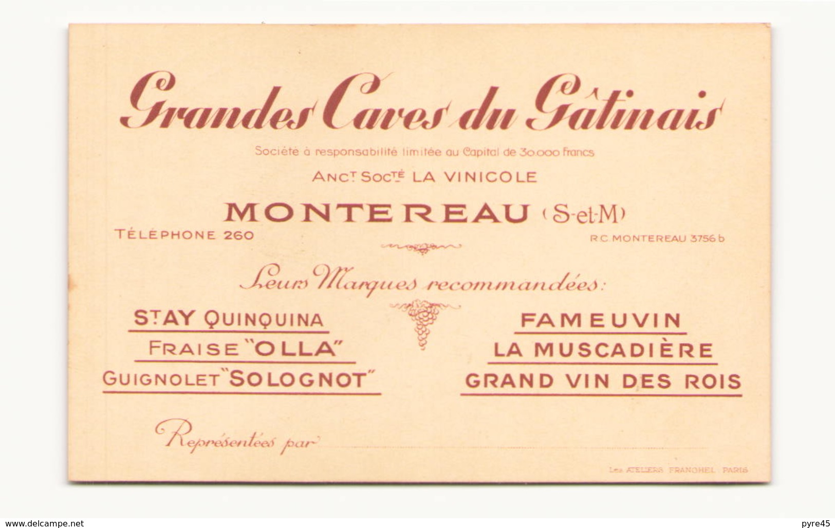 Carte De Visite Publicitaire " Grands Caves Du Gâtinais " à Montereau - Publicités