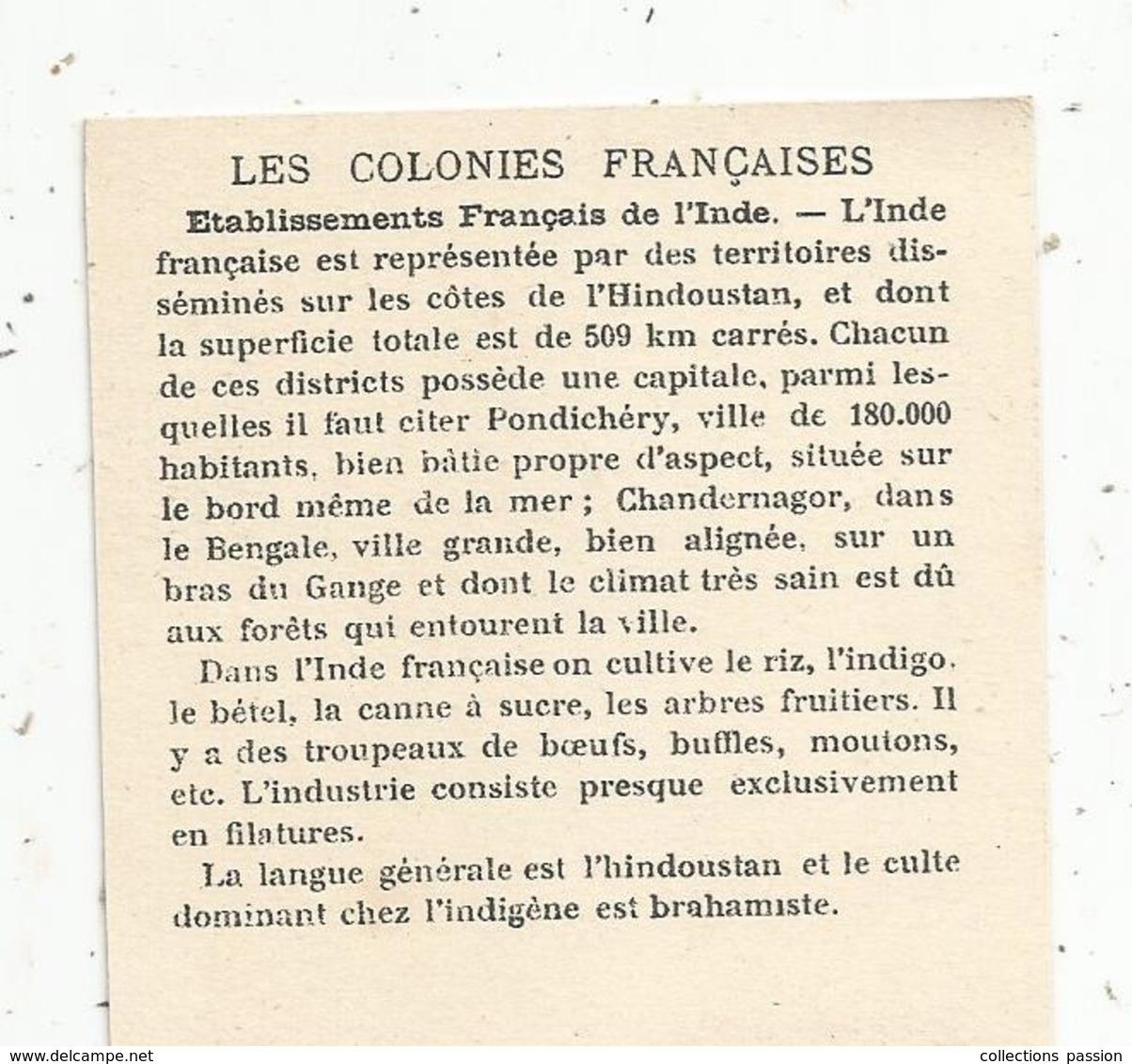 Chromo , Les Colonies Françaises , établissements De L'INDE , 2 Scans - Autres & Non Classés