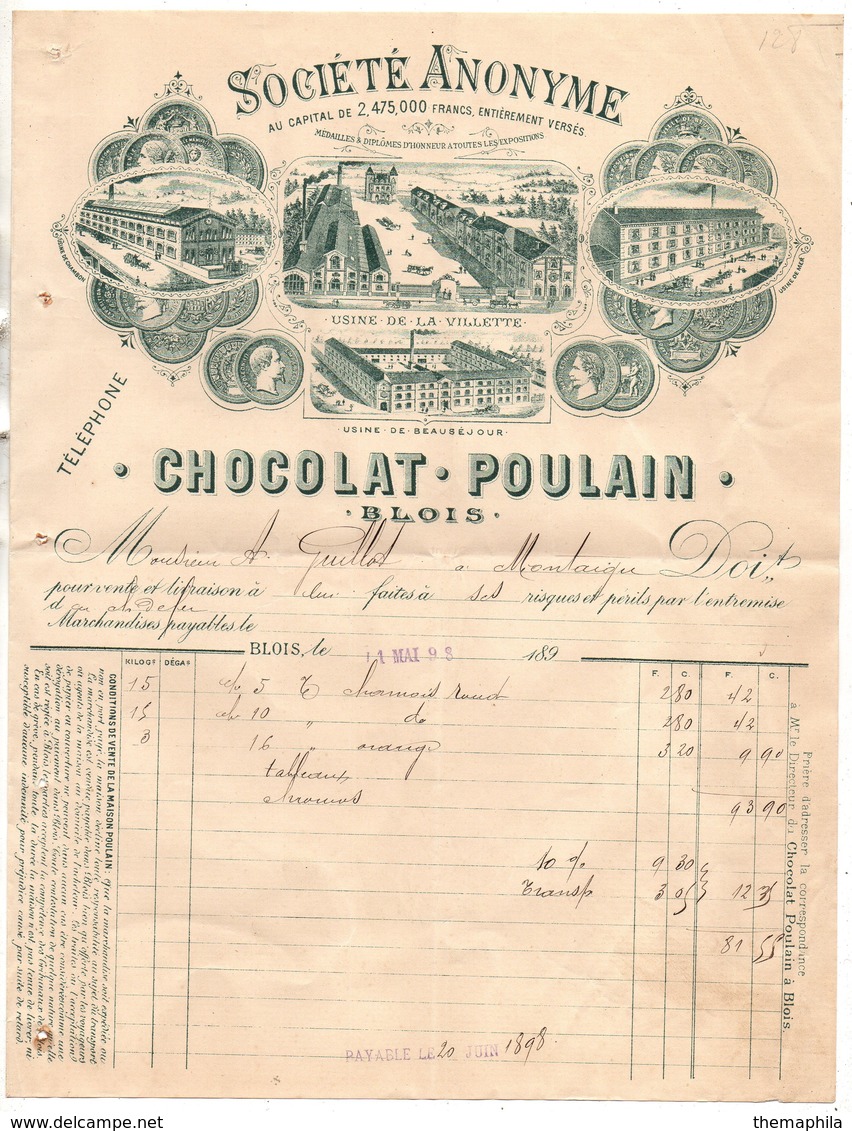 CHOCOLAT POULAIN - CACAO - COCOA / 1898 BLOIS FACTURE ILLUSTREE (ref 7408) - Alimentaire