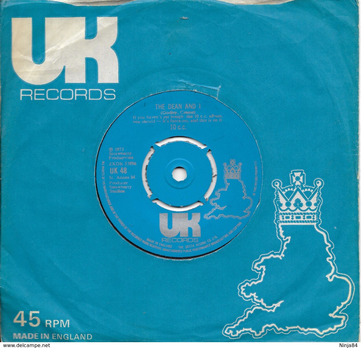 SP 45 RPM (7")   10 C.C.  "  The Dean And I  "  Angleterre - Rock