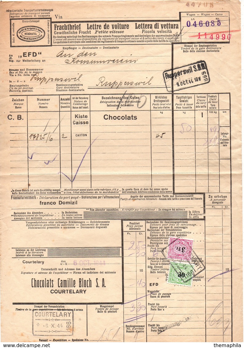 CHOCOLATS CAMILLE BLOCH - CACAO - COCOA / 1944 SUISSE COURTELARY TIMBRES SUR LETTRE DE VOITURE (ref 7462) - Chemins De Fer