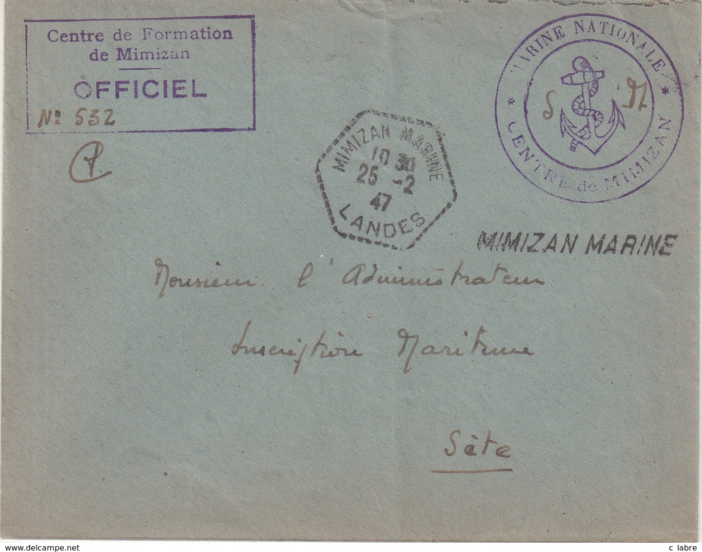 FRANCE : MILITAIRE MARINE . CAD ET GRIFFE " MIMIZAN MARINE LANDES " . 1947 . - Poste Maritime
