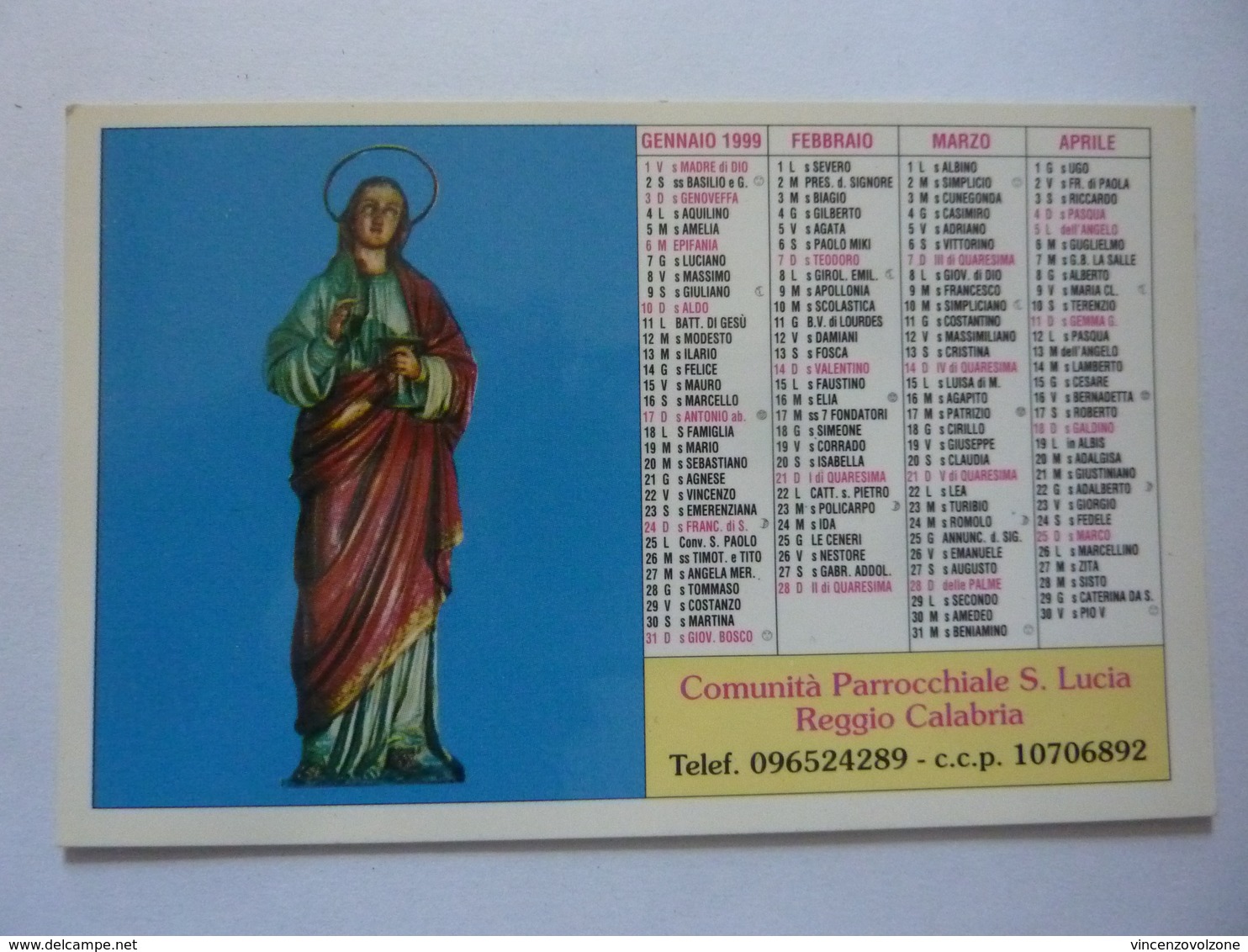 Calendario Tascabile "Comunità Parrocchiale S. Lucia Reggio Calabria" 1999 - Formato Piccolo : 1991-00