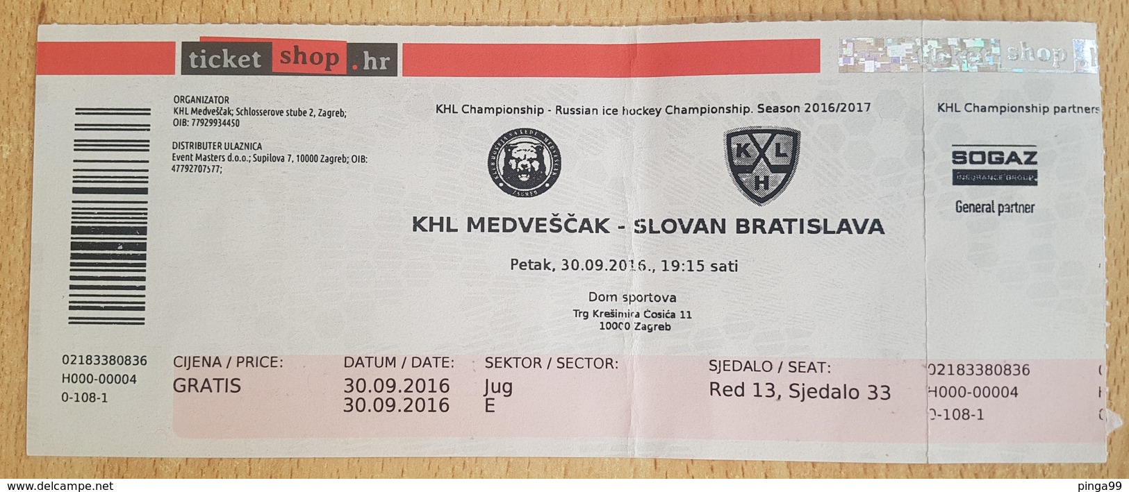 ICE HOCKEY TICKET 30. 09. 2016.  KHL CHAMPIONSHIP KHL MEDVESCAK ZAGREB Vs SLOVAN BRATISLAVA SLOVAKIA - Match Tickets