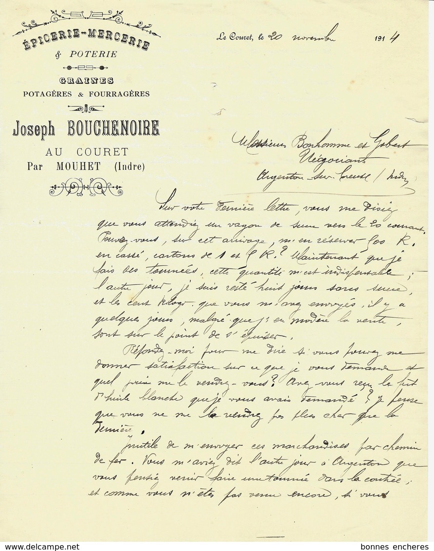 1914 J.H BOUCHENOIRE Au Couret /Mouhet (Indre) épicerie Mercerie Poterie Graines =>BONHOMME & GABERT Argenton  S/Creuse - 1900 – 1949