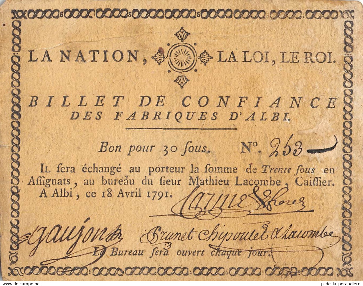 BILLET DE CONFIANCE DES FABRIQUES D'ALBI BON POUR 30 SOUS ANNEE 1791 - Assignats & Mandats Territoriaux