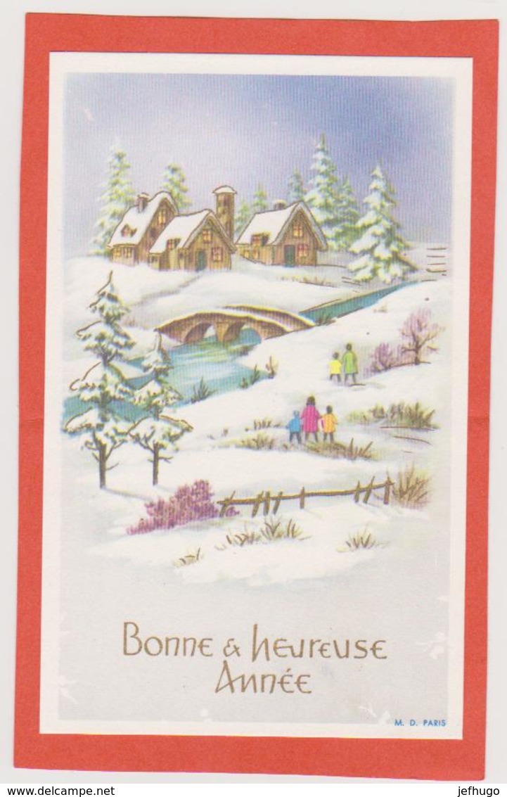 850- CARTE BONNE ET HEUREUSE ANNEE .  PERSONNAGES SAPINS MAISONS RUISSEAU PONT  PAYSAGE ENNEIGE - Nouvel An