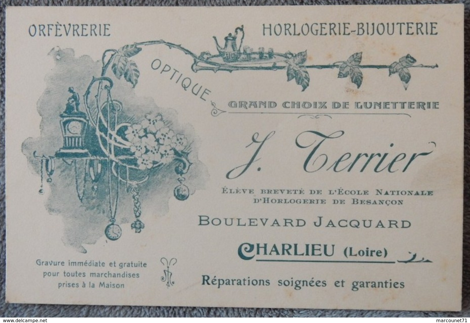Ancienne Carte De Visite Début 20 Eme Orfèvrerie Horlogerie Bijouterie J Terrier Charlieu Loire Art Nouveau - 1900 – 1949