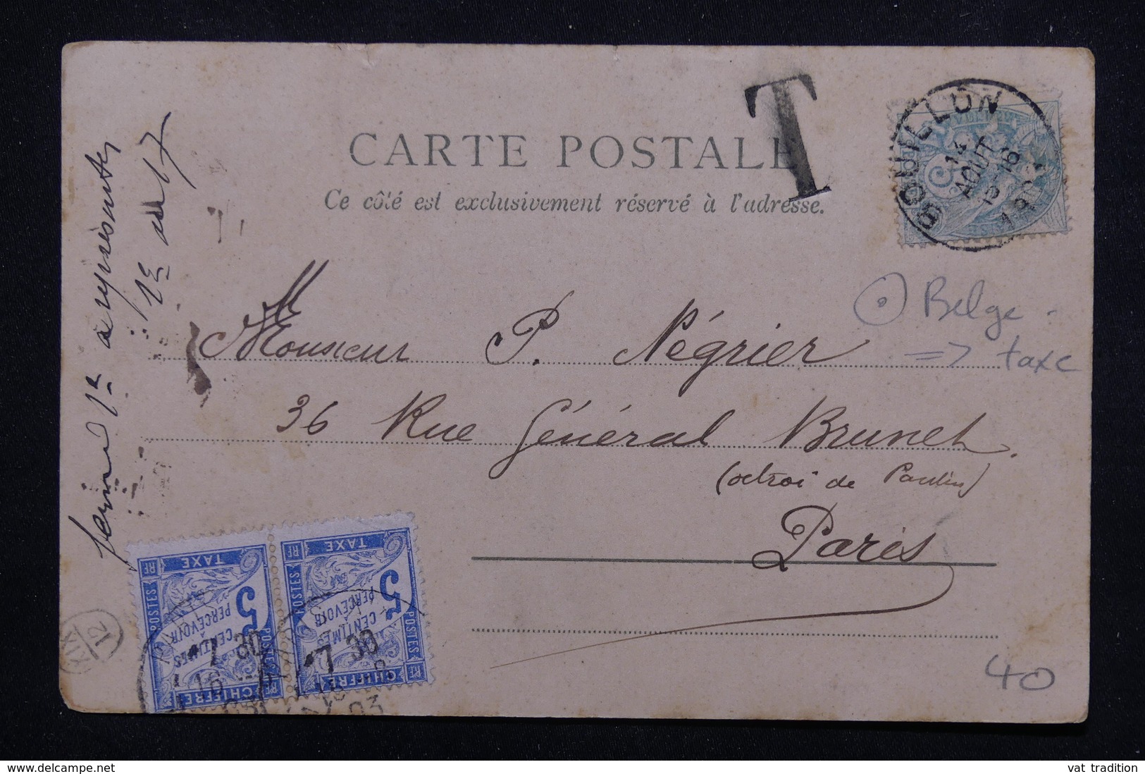 FRANCE - Taxes De Paris Sur Carte Postale De Belgique Affranchie Au Type Blanc En 1903 - L 23259 - 1859-1959 Lettres & Documents