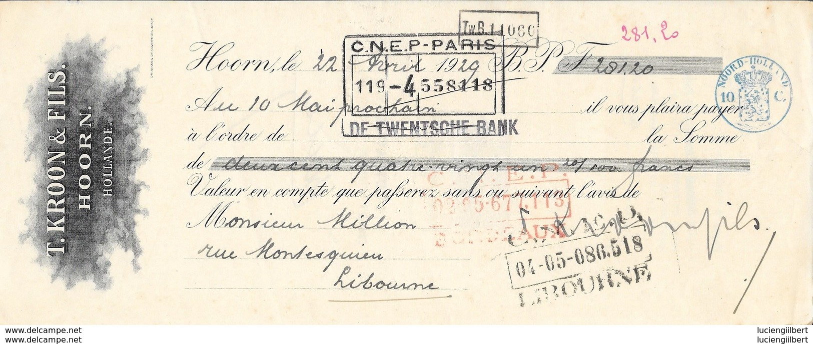 LETTRE DE CHANGE - 1929 - T.KROON & FILS HOORN - HOLLANDE - CNEP PARIS DE T. WENTSCHE BANQUE.. - Fiscaux