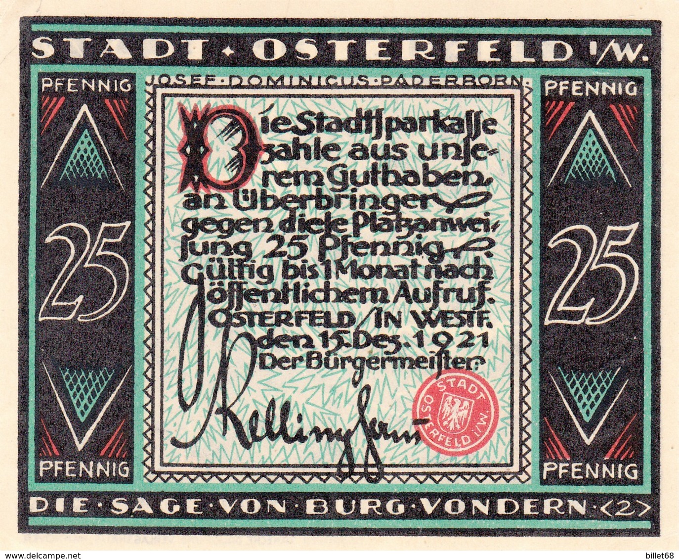 Billet Allemand - 25 Pfennig - Osterfeld In Westfalen 1921 - Die Sage Von Burg Vondern 2 - Lokale Ausgaben