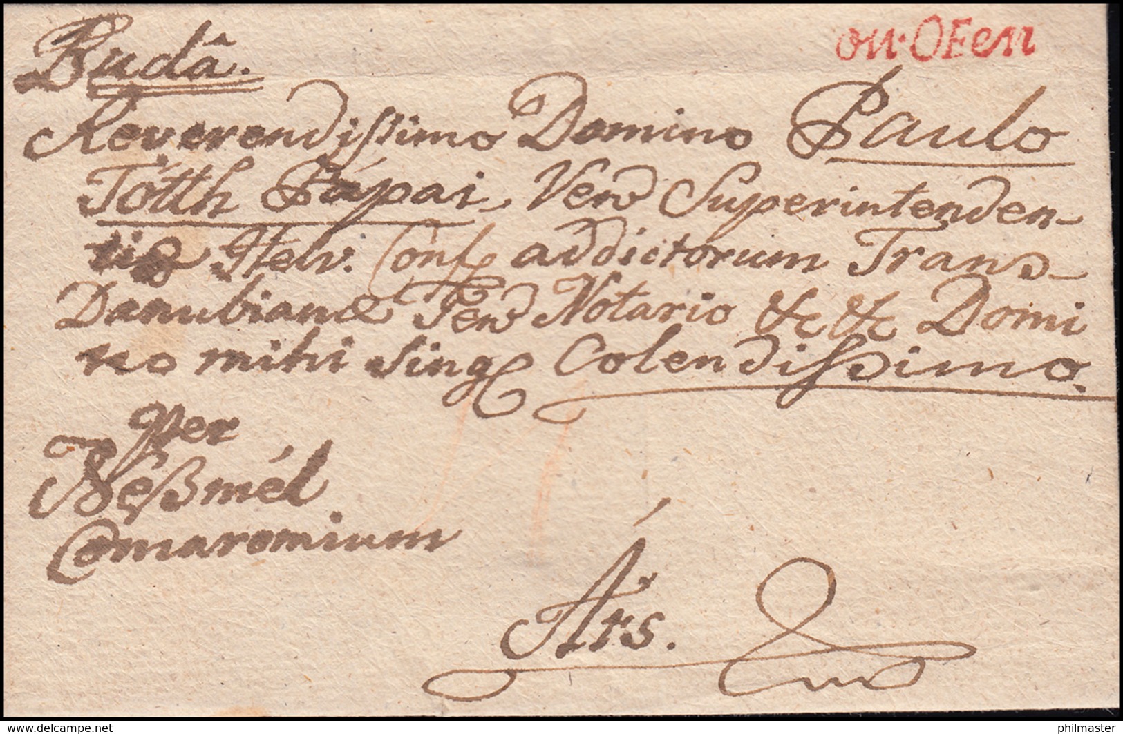 Ungarn Vorphilatelie Brief Roter Einzeiler ON OFEN Um 1792 Nach Ars - ...-1867 Prephilately